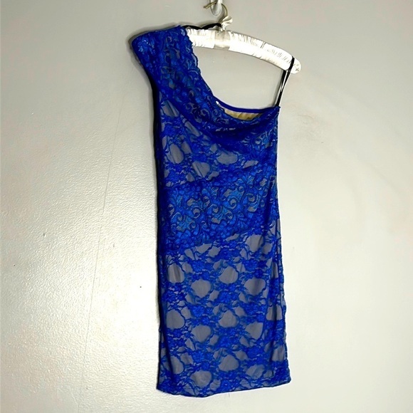 Single shoulder lace cobalt blue mini dress size small women’s - Picture 1 of 4